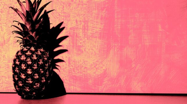  a pineapple sitting on a table in front of a pink and yellow background with a black outline of a pineapple.