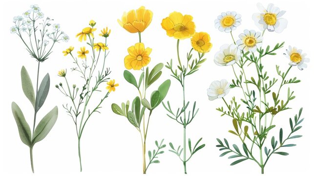 Watercolor clipart set of meadow botanical flowers - yellow tansy, buttercup, white stellaria