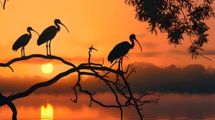 Ibises on Branches Silhouetted at Sunset
