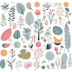 A collection of seamless pattern, colorful abstract plants and flowers. Hand drawn Collection of leaves and flowers. A close up of a pattern of flowers and leaves.
