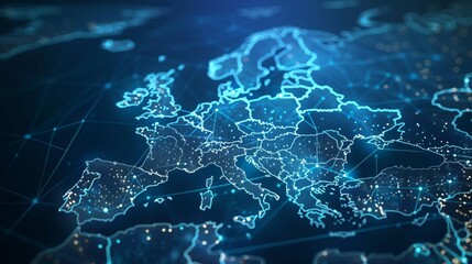 Abstract digital map of Europe, concept of global connectivity, high-speed data transfer, and cyber technology, glowing blue network lines on dark background
