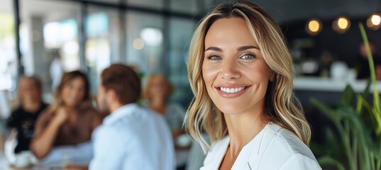 Happy senior friends lunching in nursing home, focus on cheerful woman, blurred background for text