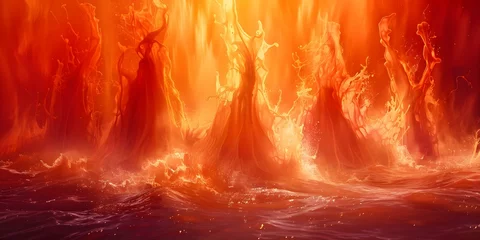 Foto auf Glas Llamas ardientes en un mar de fuego rojo intenso. Concept Fantasy Creatures, Volcanic Landscapes, Intense Colors, Mythical Beasts, Adventure Photography © Ян Заболотний