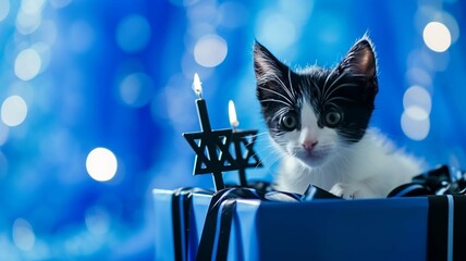 Black and White Kitten Celebrating Hanukkah in a Gift Box
