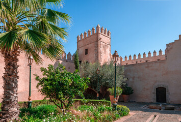 The walls and one of the towers surrounding the Andalusian Gardens of the Kasbah of the Udayas in Rabat, Morocco.