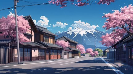 Anime background of street in front of traditional Japanese house, with cherry blossom trees
