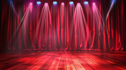 Atmospheric red stage curtain with spotlights and wooden floor, realistic modern theater illustration