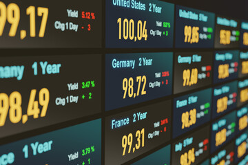 German and United Sates government bonds, yield and price information. Stock market and exchange concept. USA and german Bond market trading, interest rates, treasury bonds, investment. - obrazy, fototapety, plakaty