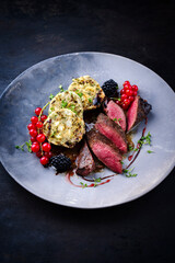 Traditionally roasted saddle of venison fillet with South Tyrolean bread dumplings, redcurrants and blackberries in game sauce served as a close-up on a Nordic design plate