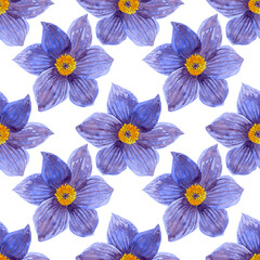 Seamless pattern of watercolor purple dream grass flowers. Botanical hand painted floral elements. Hand drawn illustration. On white background. For fabric, wrapping paper, wallpaper, print decoration