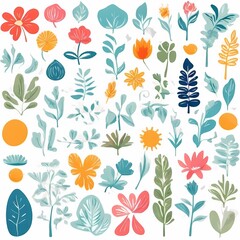 A collection of seamless pattern, colorful abstract plants and flowers. Hand drawn Collection of leaves and flowers. A close up of a pattern of flowers and leaves.
