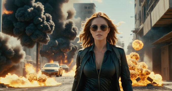 Female character with a big movie-like explosion behind her. - Generative AI