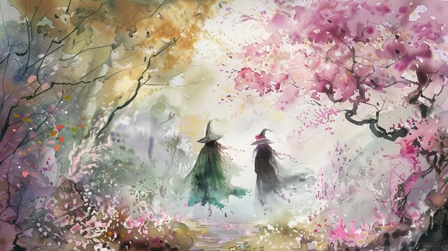 Enchanting spring equinox renewal ritual performed by witches in a blossoming natural setting, watercolor illustration