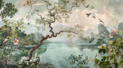 Tropical Exotic Landscape Wallpaper. Hand Drawn Design. Luxury Wall Mural. Chinoiserie Style