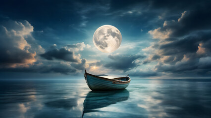 A night landscape of the sea with a large moon illuminating the clouds and a small wooden boat on...