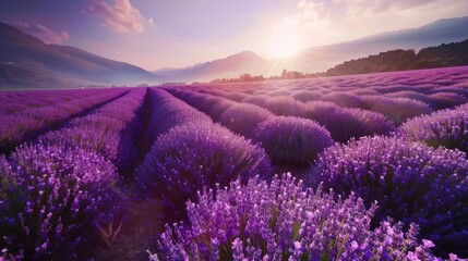 Enchanting view of blooming lavender fields under a serene azure sky, a captivating natural scene