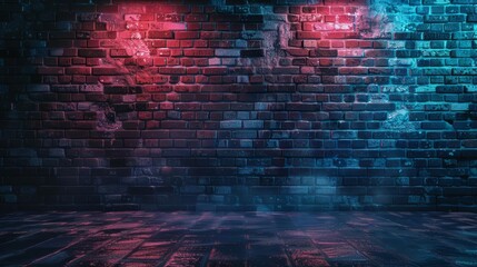 Grungy old brick wall with neon lights in dark alley, atmospheric night street scene, 3D illustration