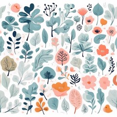A collection of seamless pattern, colorful abstract plants and flowers. Hand drawn Collection of leaves and flowers. A close up of a pattern of flowers and leaves.
