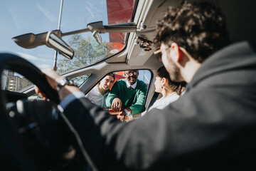 A group of business professionals engaging in a casual conversation while seated in a car,...