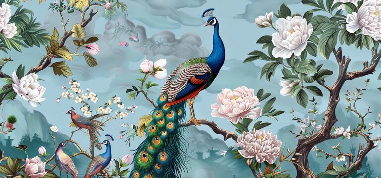 Chinoiserie wallpaper landscape wall mural. peacock and peonies. Home and office decoration. Birds, trees and flowers. Hand Drawn Design. Luxury turquoise color