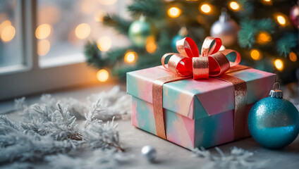 Fototapeta na wymiar gift box, Christmas tree branch, balls design