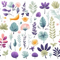 A collection of seamless pattern, colorful abstract plants and flowers. Hand drawn Collection of leaves and flowers. A close up of a pattern of flowers and leaves.
