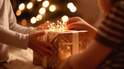 Two children holding a gold gift box with Christmas decorations 