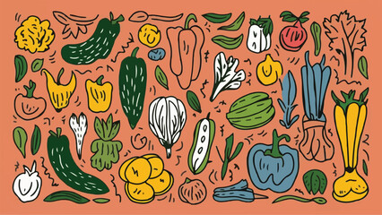 Vibrant Veggie Visions: Whimsical Hand-Drawn Collection for Creative Inspiration