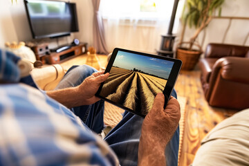 Close up of farmer hands holding digital tablet device with wheat field footage recorded by drone. Farmer is sitting in living room. Modern technology and harvesting concept - obrazy, fototapety, plakaty