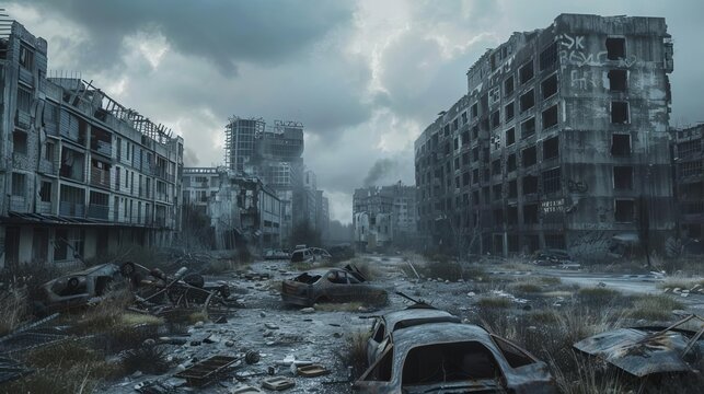 Post-apocalyptic ruined city with destroyed buildings and abandoned vehicles, 3D rendering