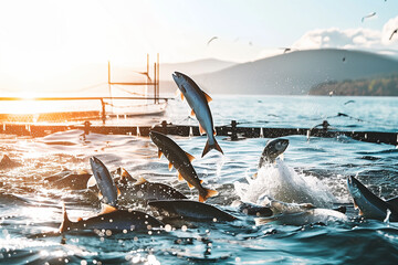 Salmon fishes jumping from the water on salmon fish farm in ocean with round floating fish cages. Fish farming concept - obrazy, fototapety, plakaty