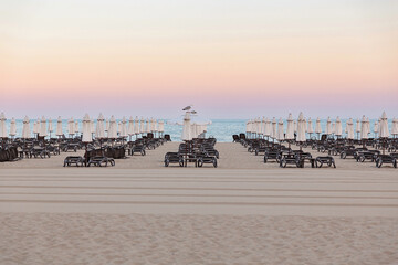 Empty sunbeds and umbrellas on a sandy beach near the sea