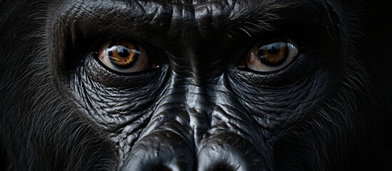 A closeup portrayal of a gorillas eyes in the darkness, highlighting its working animal features such as its snout, wrinkles, and whiskers, creating a captivating piece of wildlife art