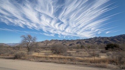 Fototapeta premium a dirt road in the middle of a desert with mountains in the background and a blue sky with wispy clouds.