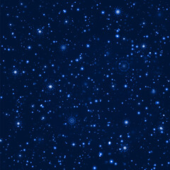 Night starry sky seamless pattern. Dark galaxy space vector illustration. Magic winter template background. Star and snowflake repeat wallpaper for fairy, space design. Universe endless background.