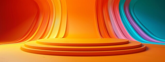Podium 3D background product platform display stage abstract stand studio. Circle 3D podium background minimal scene yellow geometric shape pedestal light room floor render wall empty template rainbow