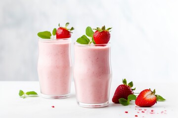 Strawberry milkshake or smoothie with fresh strawberries