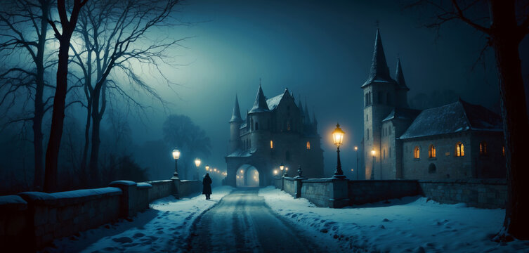 Magical dark fairy tale winter night in in the ancient city park at night with glowing lights and fog and flying particles