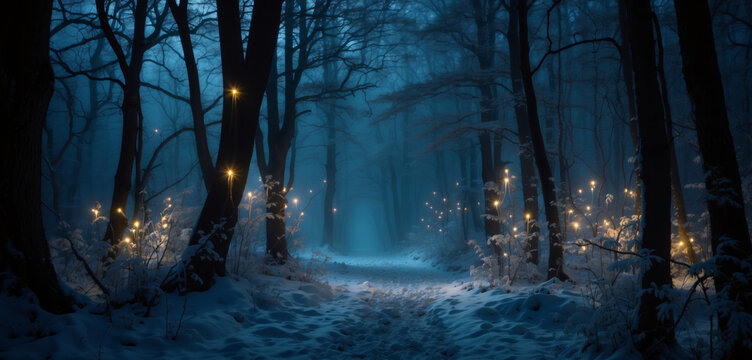 Magical dark fairy tale winter night forest at night with glowing lights and fog and flying particles.