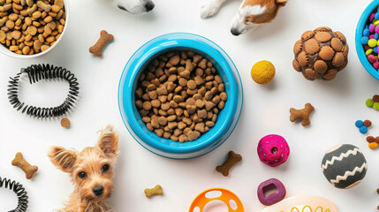 Fototapeta na wymiar bowl with animal food on a white background, top view, toys, dog, cat, pet, feeding, care, layout