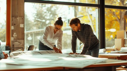 Two architects analyzing architectural plans on a wide desk in a bright modern office.