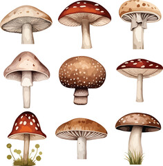Set of watercolor cute wild mushrooms such as fly agaric, porcini and chanterelle isolated on white background. Perfect for cards, invitations and posters