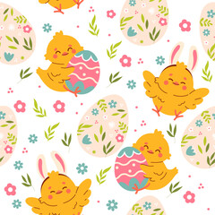 Seamless easter pattern with eggs and chicken. Easter seamless pattern, Easter symbol, decorative vector elements. Easter colored simple pattern.