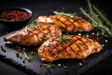 Delicious fresh grilled chicken fillet with spices and herbs on a dark concrete background