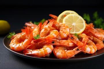 Cooked shrimps on plate with lemon on dark background