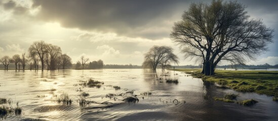 A natural landscape with a flooded field, trees in the foreground, a river in the background, and a cloudy sky creating a picturesque horizon