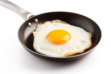 Fried egg in a frying pan on white background
