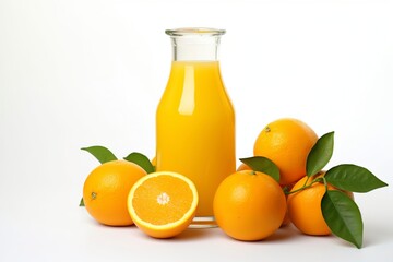 Glass jar of fresh orange juice with fresh fruits on white background