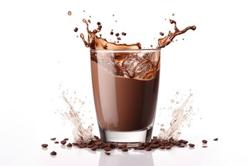 Glass of Chocolate drink with splash isolated on white background