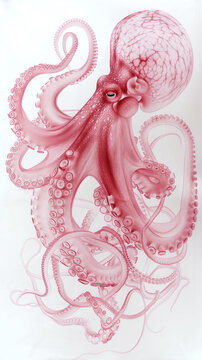 Octopus underwater illustartion isolated on white background. AI generated squid red pink tones. Kraken fresh seafood, tentacle sucker
